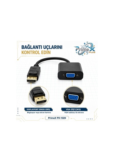 Lexroo Px-1320 Displayport To Vga Aktif Dönüştürücü, Dp Erkek To Vga Dişi Görüntü Çevirici Adaptör