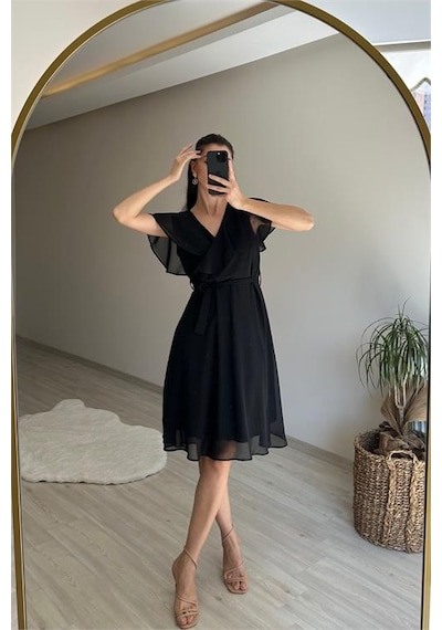 Neşeli Butik Kadın V Yaka Kuşaklı Mini Şifon Elbise Nm007 Siyah