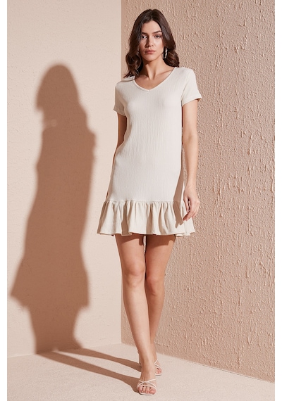 Lela Regular Fit Fırfırlı V Yaka Bürümcük Mini Bayan Elbise 5865071 Taş