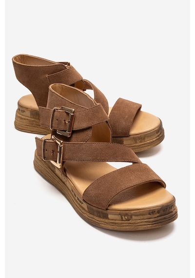 Luvishoes Lorentıs Toprak Süet Hakiki Deri Çift Tokalı Kadın Sandalet