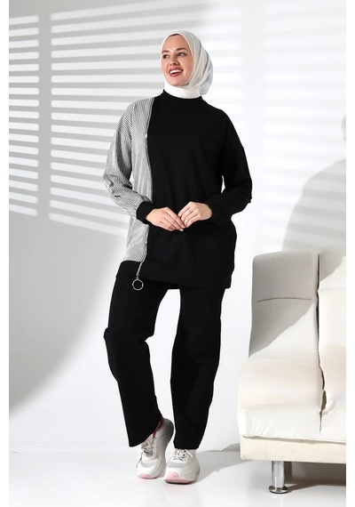 Mihran Butik Kadın Mevsimlik Alt Ve Üst Rahat Siyah Spor Tesettür Takım Siyah