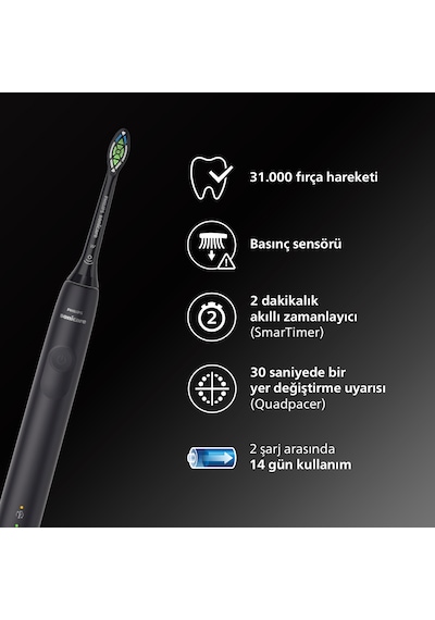Philips Sonicare 4100 Serisi Sonic Şarjlı Diş Fırçası Siyah - HX3681/54 - Temizleme-Hassas Mod-14 Gün Pil Süresi