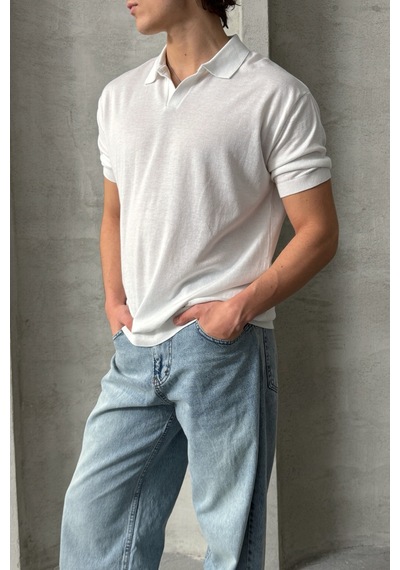 Erkek Oversize Pamuklu Polo Yaka Triko T-shirt Beyaz