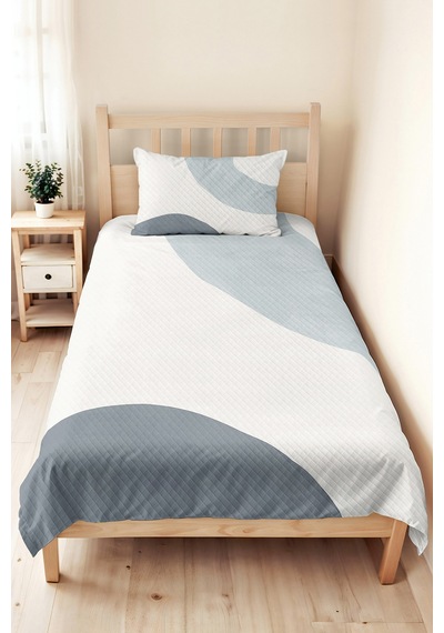 Mavi Geometrik Modern Genç Odası Tek Kişilik Pike Takımı - Gri Minimal 160x220 Cm Yatak Örtüsü Beyaz