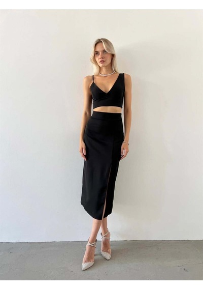 Hgfashion V Yaka Crop Yüksek Bel Yırtmaçlı Midi Etek Duarte Kadın Siyah İkili Takım Siyah