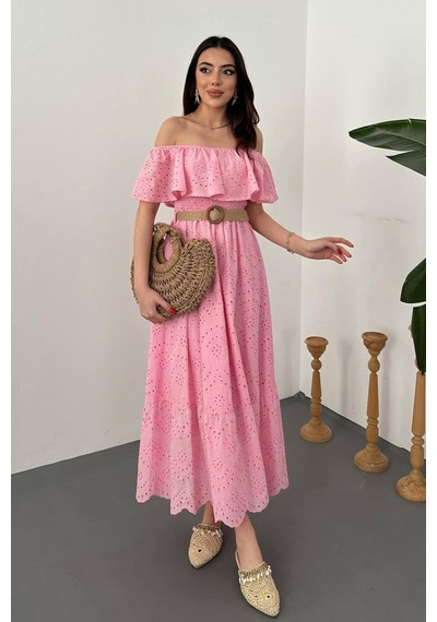 Duygudan Pembe Madonna Yaka Fisto Elbise - Pembe Çok Renkli