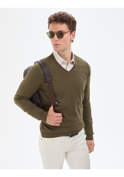 Pierre Cardin Koyu Haki Slim Fit V Yaka Basic Triko Kazak 50314190-vr111