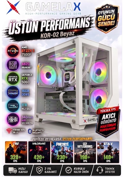 Gamelax Kor-02 Beyaz Amd Ryzen5 7500f Rtx5060 8gb 16gb Ddr5 Ram 1tb M.2 Ssd 240mm Sıvı Soğutma Wi-fi