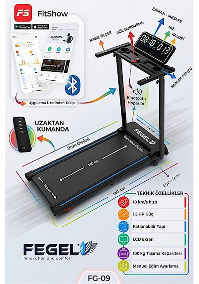 FG-09 Koşu Bandı Bluetooth Hoparlör Uygulama Adımsayar Program Eğim Nabız Katlanabilir Uzaktan Kumanda 10km Hız Kompakt Tasarım