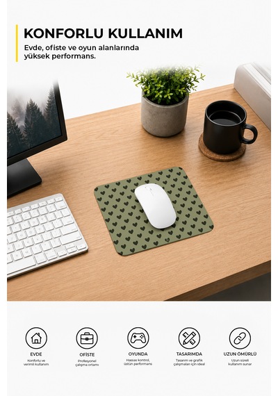 Haki Renkli Kalpli Desenli Ergonomik Mouse Pad, Kaymaz Yüzey İle Ev Ve Ofis Kullanımı İçin İdeal