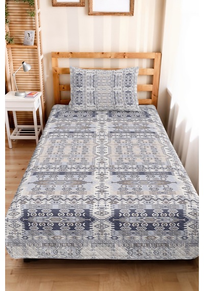 Geometrik Bohem Mavi Tek Kişilik Pike Takımı - Etnik Modern Gri 160x220 Cm Kapitone Yatak Örtüsü Lavantaımsı Kum Aralığı