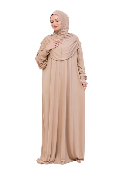 Modish Group Tek Parça Namaz Elbisesi Seti, Viskon Yumuşak Tesettür Abaya, Rahat Hazır Şal Başörtüsü Takım Koyu Vizon