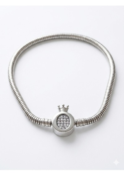 Kadın Charm İçin Uygun Taşlı Taç Model Çelik Bileklik19 Cm Silver