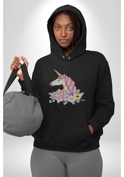 Unicorn Çiçek Kadın Erkek Siyah Kapüşonlu Sweatshirt Hoodie Siyah