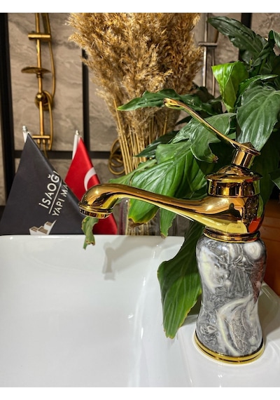İsaoğlu Yapı Altın Lavabo Bataryası Gold Banyo Musluk Mermer Design Altın Batarya Gold