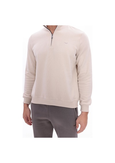 Rowinger Yarım Fermuarlı Dik Yaka Selanik Örme Erkek Sweatshirt Beıge