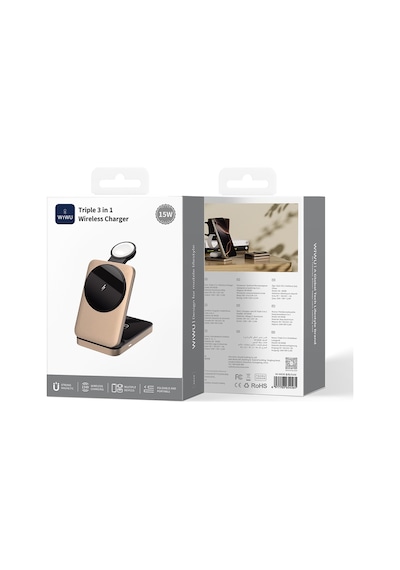 Wiwu Wi-w038 3in1 Katlanabilir Kablosuz Şarj Standı 15w Gold