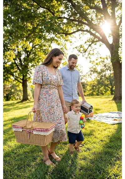 2 Kapaklı Dikdörtgen Hasır Görünümlü Piknik Sepeti, Plastik Rattan, Doğal Renk, Dantel Ve Ekose Detaylı, 38.5x2 Diğer