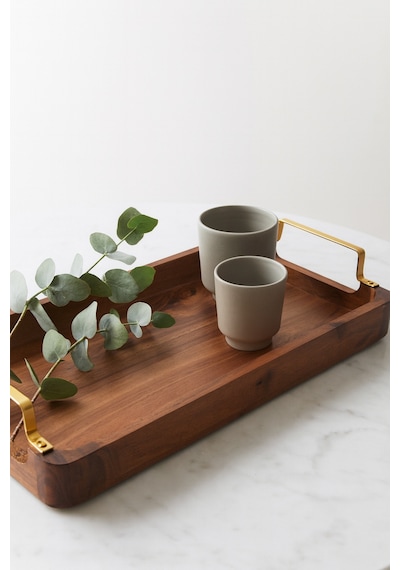 Ahşap Servis Tepsisi Altın Renk Metal Kulplu Dikdörtgen Çay Ve Kahve Sunum Tepsisi 48x18x5.8 Cm Kahverengi