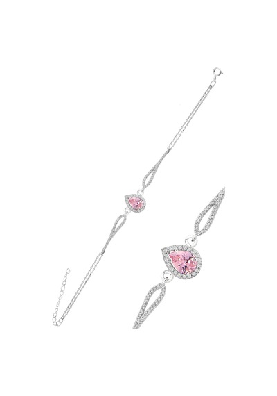 Gümüş Rodyumlu Pembe Zirkon Taşlı Pırlanta Modeli Damla Bileklik