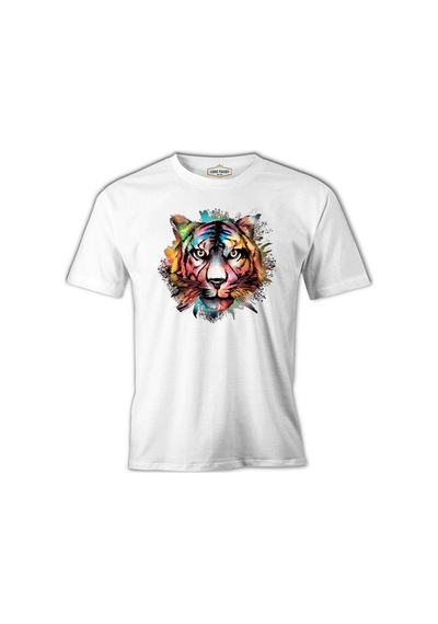 Colorful Tiger Head Beyaz Erkek Tshirt 001