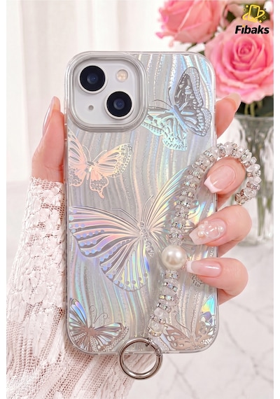 Fibaks iPhone 13/14/15 Uyumlu Kılıf Hologramlı Charm Askılı Hologram Kelebek Tasarımlı Desenli Silikon Kapak