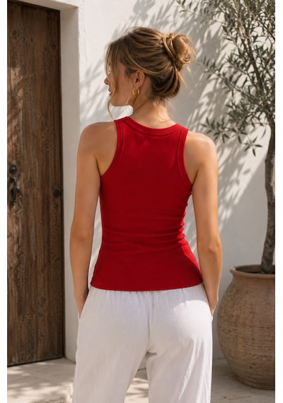 Feyece Kırmızı Zargo Model Fitted/vücuda Oturan Geniş Biyeli Halter Yaka Fitilli Esnek Örme Crop Bluz Feyece Kırmızı Zargo Model Fitted/vücuda Oturan Geniş Biyeli Halter Yaka Fitilli Esnek Örme Crop Bluz