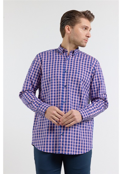 İmza Lacivert - Kırmızı Düğmeli Yaka Uzun Kol Cepli Comfort Fit Pamuk Gömlek 1004260177 2XL
