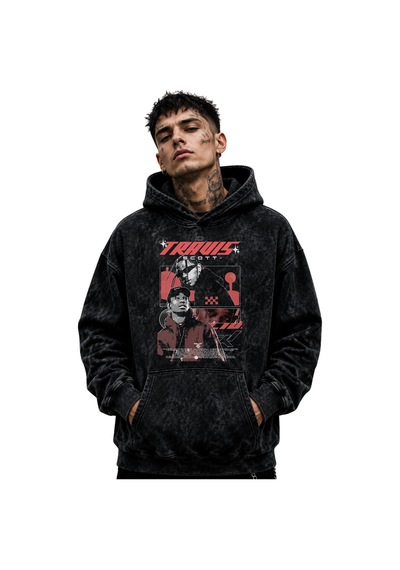 Sevbano Travis Scott Rapper Şarkıcı Baskılı Unisex Oversize Yıkamalı Hood Siyah