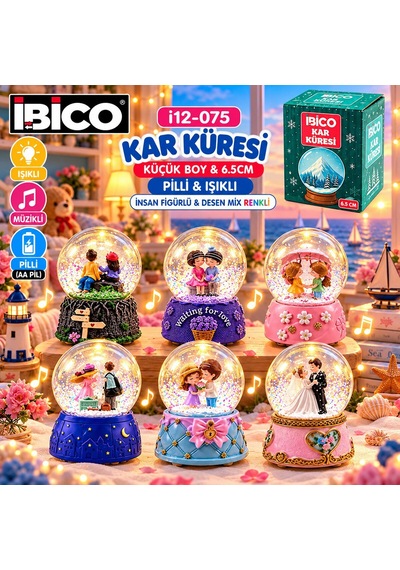 İbico İ12-075 Kar Küresi Cam Renkli 6.5cm Pilli Desen Işıklı Küçük Boy İnsan Figürlü Metal