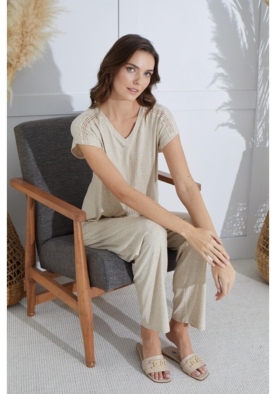 Sevim Kadın Kısa Kol Bej Melanj Pijama Takım C6t4n951 001
