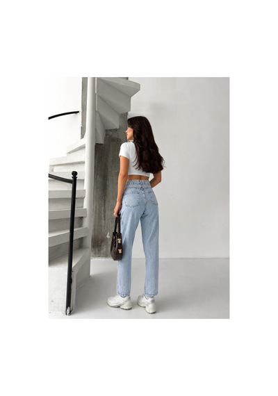 Kene Jeans Buz Kar Bacak Taşlı Mom Jeans Mavi