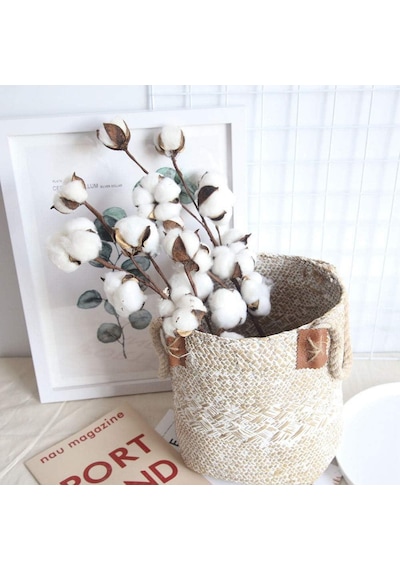 3lü Set Doğal Pamuk Çiçeği 9lu Kuru Çiçek 60cm Yapay Çiçek