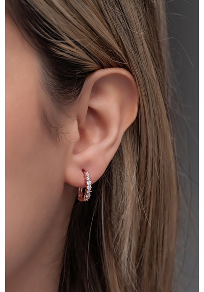 Nereze 925 Ayar Gümüş Rose 15 Mm Zirkon Taşlı Halka Küpe