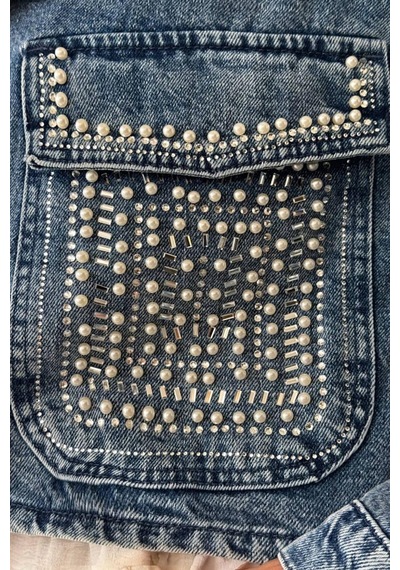 Lacarino 7660 Taşlı Kadın Jean Ceket Dark Blue Taşlı