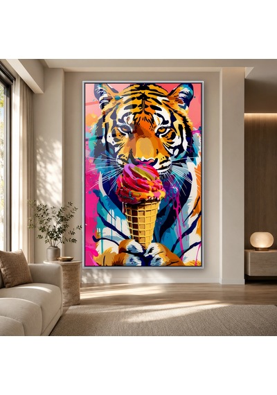 Dondurma Külahıyla Pop-art Kaplan Portresi Gümüş Çerçeveli Cam Tablo