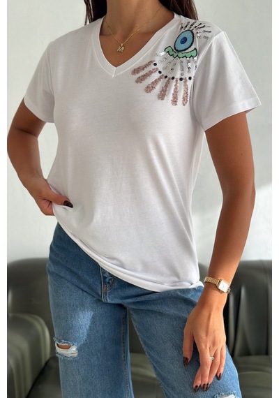 Femelle Kadın Beyaz V Yaka Omzu Nakış Ve Pul Payet İşlemeli %100 Pamuk T-shirt