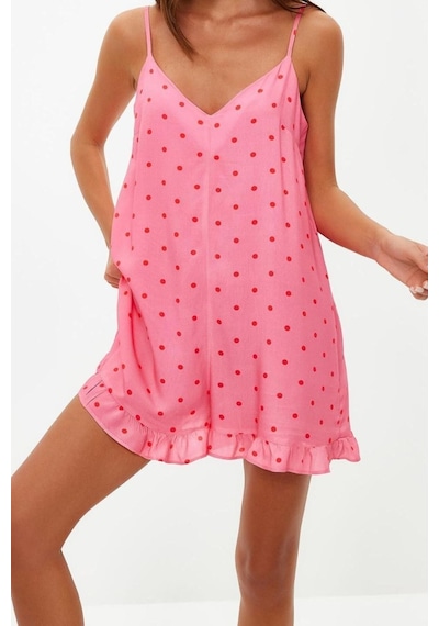 Ersefa Kadın Moda Boru Paça V Yaka Puantiyeli Desen Kısa Puantiyeli İp A Pembe