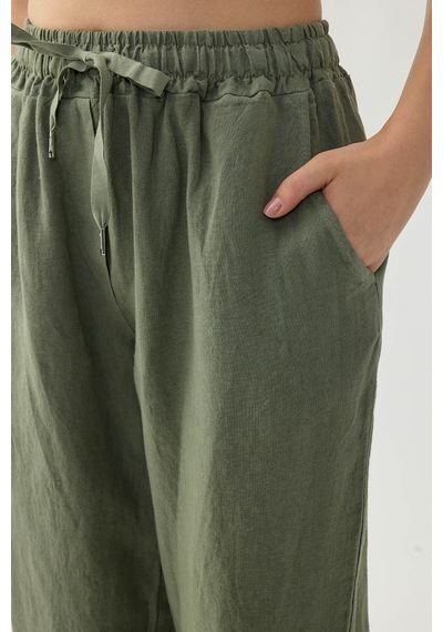 Vitrin %100 Keten Beli Lastikli Cepli Geniş Paça Pantolon Haki