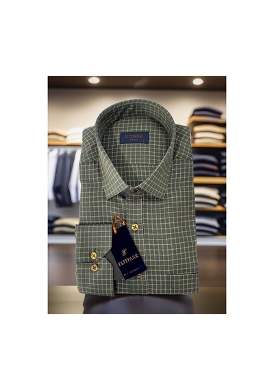 Elitpark Square Pattern Kareli Uzun Kollu Pamuklu Cepli Rahat Kalıp Premium Erkek Gömlek Yeşil