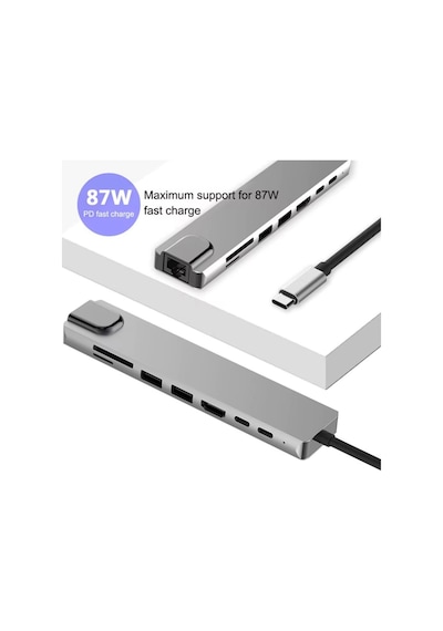 Type-c Çoklu Dönüştürücü 87w Pd, Hdmı, 2x Usb 3.0, Rj45, Sd/tf Kart Girişli Hub