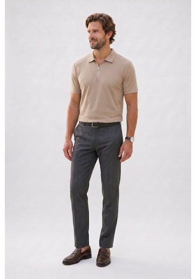 Tudors Erkek Slım Fit Dar Kesim Ekstra Soft Modal Kumaş Kısa Kollu Yarım Fermuarlı Bej Polo Yaka Tişört-51038