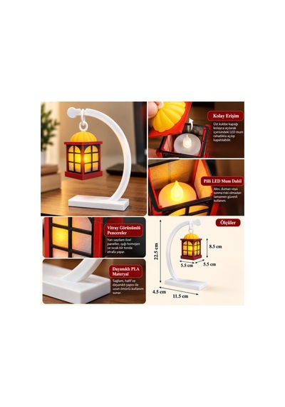 Dekoratif Standlı Askılı Led Mumlu Masaüstü Gece Lambası Yılbaşı Feneri 22.5 Cm Pilli Mum Dahil Açık Altın