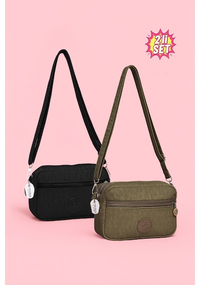 Westbag Kadın Çapraz Askılı Üç Gözlü Fermuarlı Krinkıl Günlük Omuz Çantası 2'li Set Siyah - Haki