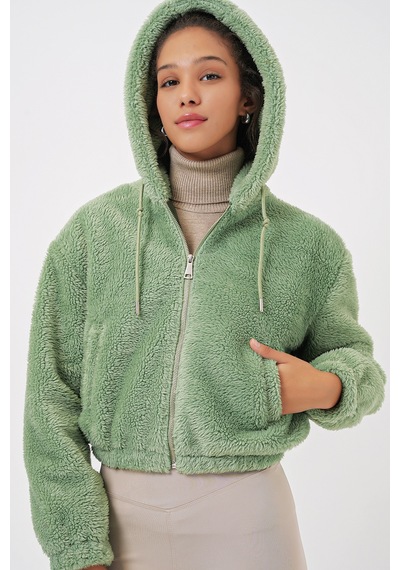Bigdart 5193 Kapüşonlu Peluş Crop Ceket - E. Yeşil