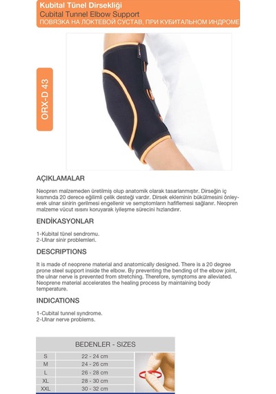 Neopren Kubital Tünel Dirsekliği Sinir Sıkışması Ve Gece Kullanımı İçin Orx -d43