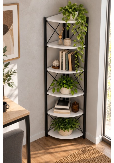 Sulorahome 6 Raflı Köşe Kitaplık Ve Saksılık Standı Beyaz Antrasit