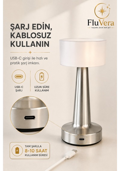 Şarjlı Gümüş Led Masa Lambası Kablosuz Dokunmatik Gece Lambası Usb-c Portatif Metal Gövdeli Gümüş