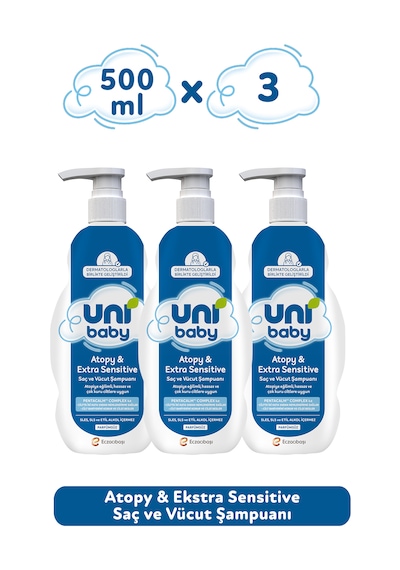 Uni Baby Atopy & Extra Sensitive Atopik Ciltlere Özel Saç ve Vücut Şampuanı 500 Ml 3'lü