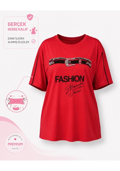 Büyük Beden Fashion Yazı Baskılı Taş Kemer Detaylı Kısa Kollu Kadın Bluz Kırmızı